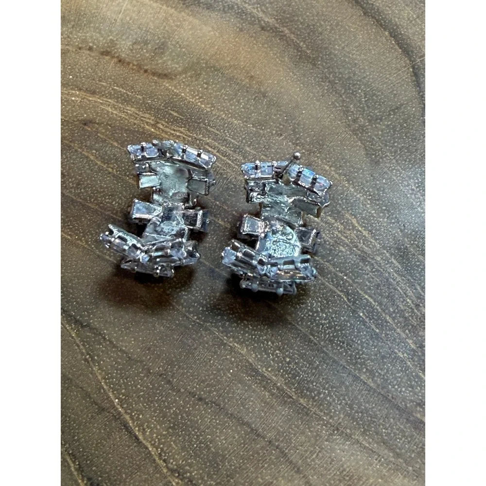 Silver Baguette‎ Cubic Zirconia C-Hoop Earrings Clear Stone Huggie Post Back NEW